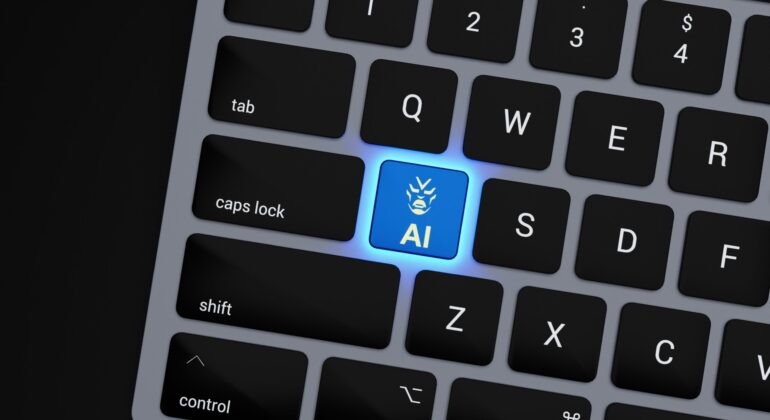 a close up of a keyboard with a blue button